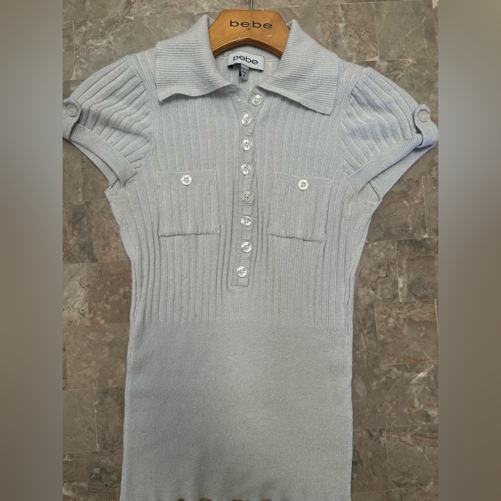 bebe Light Gray Ribbed Polo Blouse - Picture 2 of 5